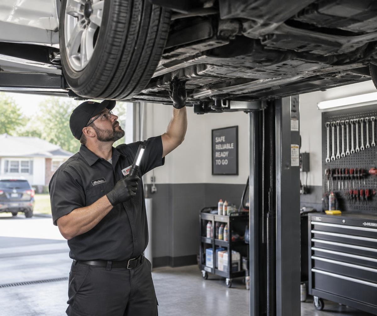 Technician inspecting a vehicle on a lift at a Seattle auto repair shop